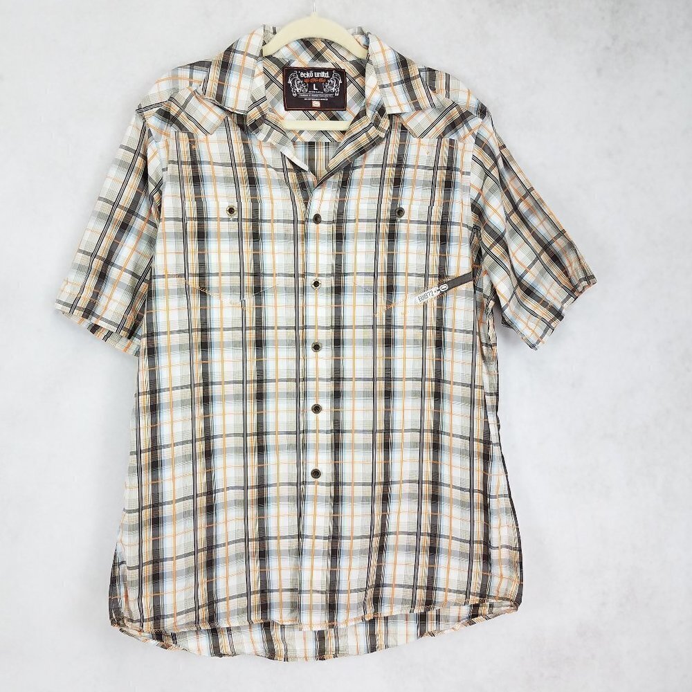 Ecko Unltd. Men's L Button Down Short Sleeve Plaid Shirt Brown / Tan / Beige
